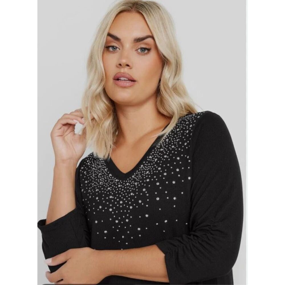 Design History Women's Black Rhinestones V-Neck 3/4 Sleeve Tunic Blouse Size XL
